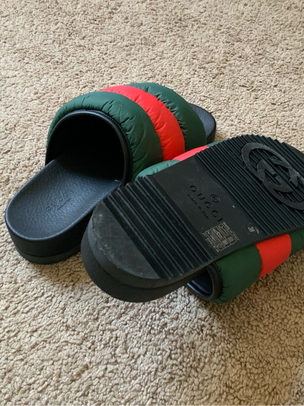 Gucci Women’s Gucci Puffer Padded Nylon Black Green Red Web Slides Size 38 - Picture 9 of 9